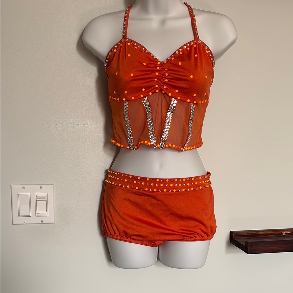 Orange Rhinestoned Dance Costume Set